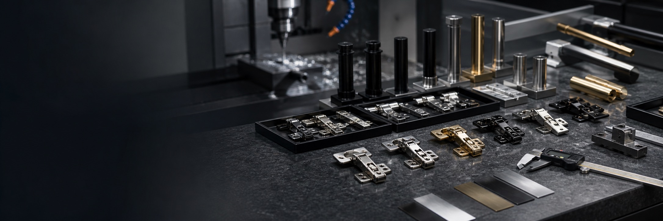 Hardware components and inspection samples on a clean factory workbench