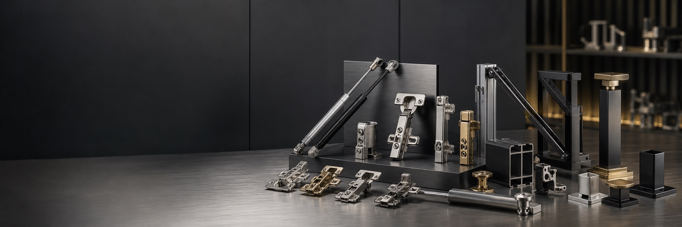 Furniture and architectural hardware samples arranged for B2B catalog sourcing