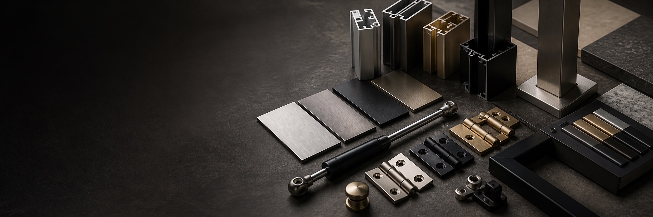 Material swatches and hardware components for finish and OEM discussion